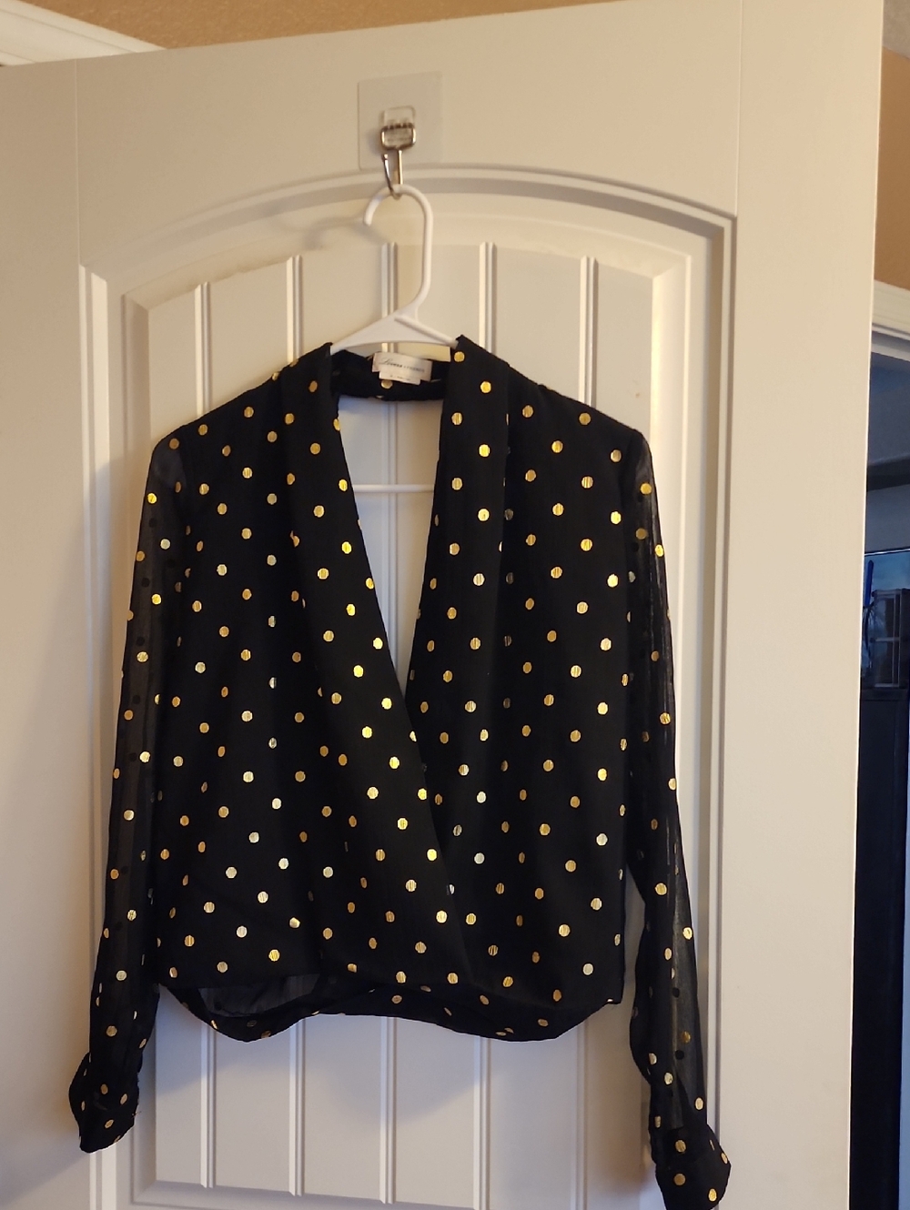 Womens Black Gold Polka Dot Wrap Blouse Jacket